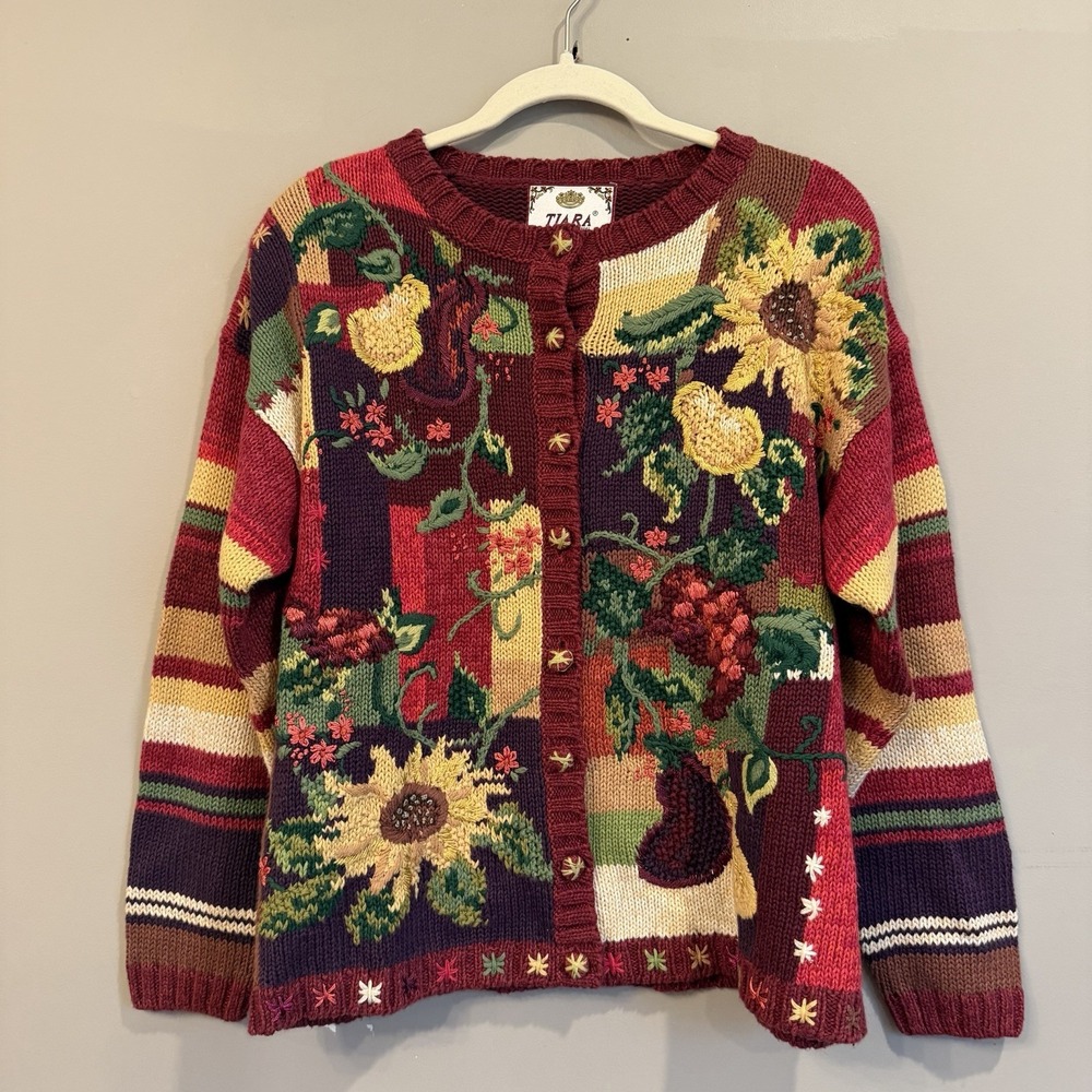 Vintage Tiara Novelty Fall Cardigan Sweater Eggplants Sunflowers Medium